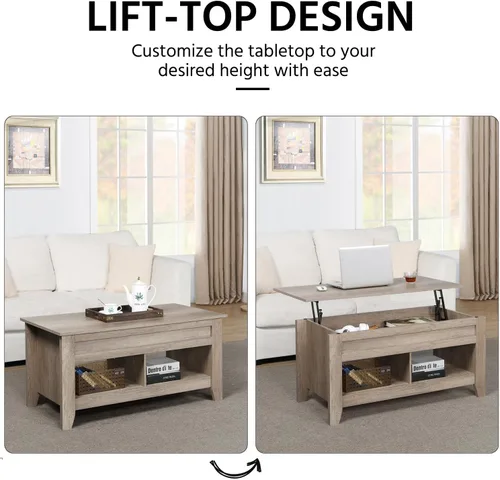 Miniatura 4 de Yaheetech Mesa auxiliar moderna con parte superior elevable con compartimento de almacenamiento oculto y 2 estantes abiertos, mesa de centro