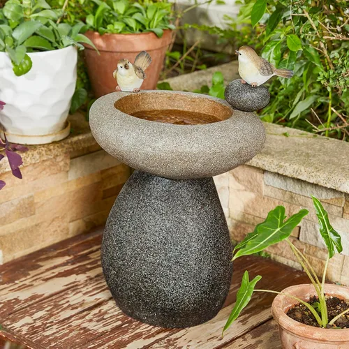 Miniatura 16 de Glitzhome Fuente de agua para exteriores con luz LED y bomba, moderna fuente de poliresina de 5 niveles y esfera para exteriores, fuente de cascada