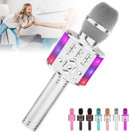 Miniatura 10 de Amazmic Máquina de Micrófono de Karaoke para Niños, Micrófono Bluetooth Portátil, Micrófono de Karaoke Inalámbrico de Mano con Luces LED, Regalo