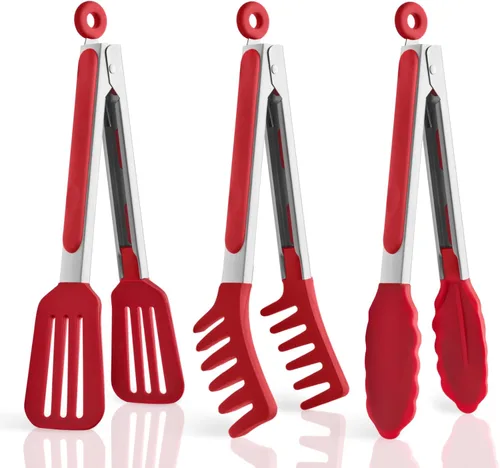 Miniatura 10 de Paquete de 3 pinzas de silicona para cocinar, Maywe Tanso pinzas de cocina de 9 pulgadas con puntas de silicona, pinzas de acero inoxidable