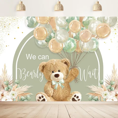 Telón de fondo de oso para baby shower, 7 pulgadas de ancho x 5 pulgadas de alto, con texto en inglés «We Can Bearly Wait» con globos verdes y