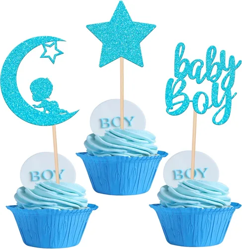 Miniatura 15 de 24 piezas de adornos para cupcakes para bebé niño con purpurina luna, estrella, baby shower, revelación de género, cupcakes para celebrar cumpleaños