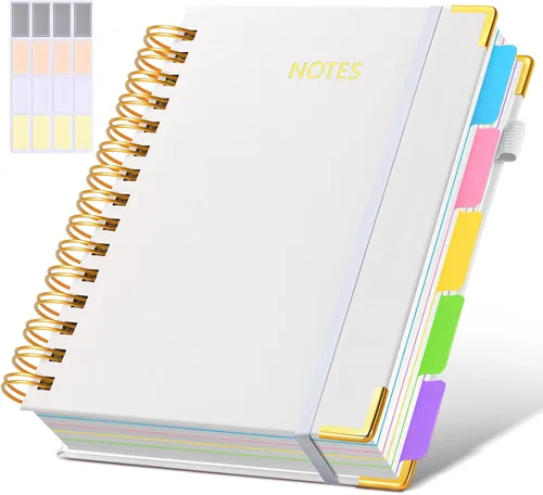 Miniatura 61 de Cuaderno universitario de espiral con tapa dura de cuero de 8 x 10 pulgadas, con pestañas separadoras extraíbles, para 5 materias, a rayas; diario