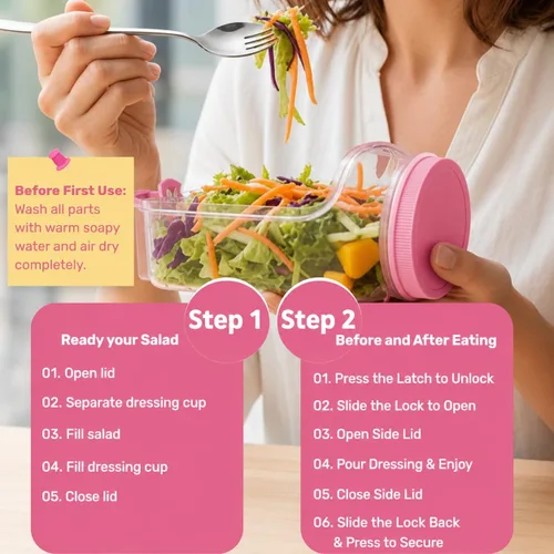 Miniatura 7 de Recipiente de ensalada con apertura lateral para oficina, viajes, gimnasio y picnic con aderezo y tapa, recipiente de ensalada a prueba de fugas