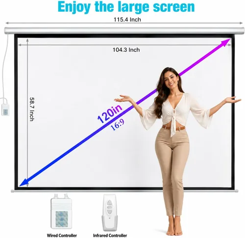 Miniatura 8 de Pantalla de proyector motorizada de 120 pulgadas, pantalla de proyector eléctrica 16:9 con control remoto, pantalla de cine HD para interiores