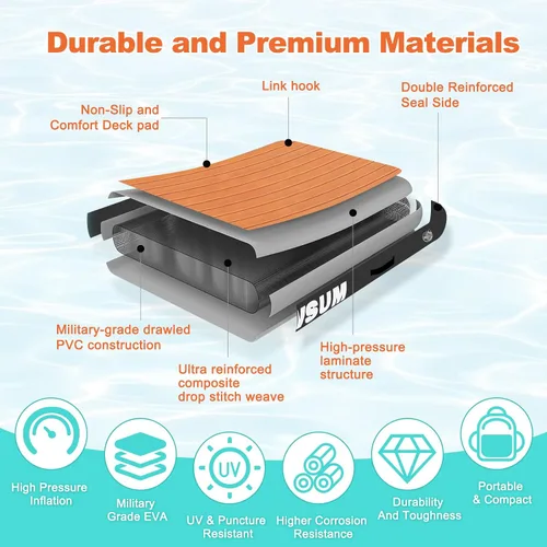 Miniatura 5 de AWSUM Plataforma de muelle inflable, superficie antideslizante de EVA de 8 a 15 pies, isla flotante resistente para lago, piscina, playa y océano