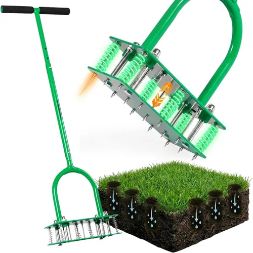 GrdnCare Herramienta aireadora de césped con 15 picos de hierro, herramienta aireadora de césped de alta resistencia de 6 resortes, reinicio