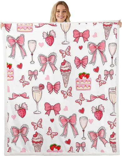 Miniatura 16 de Manta de vellón de ballet para niña, manta de ensueño con lazo rosa de princesa bailarina para sofá de adultos, manta suave kawaii a rayas círculos
