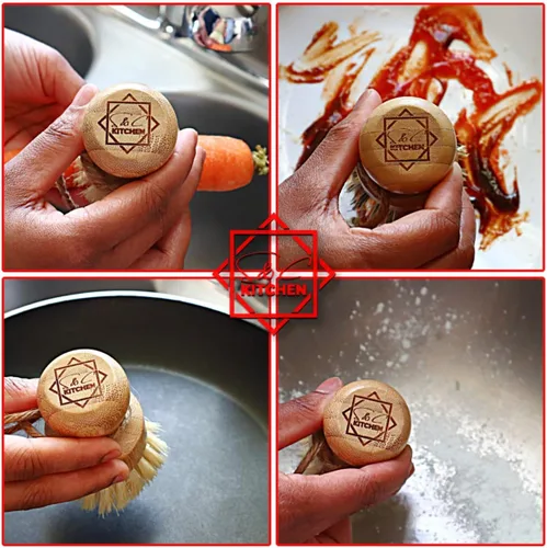 Miniatura 7 de S&C Kitchen - Cepillo de bambú para limpiar sartén, verduras, platos, wok, platos para cocina, baño, hecho de cerdas de palma y sisal con mango