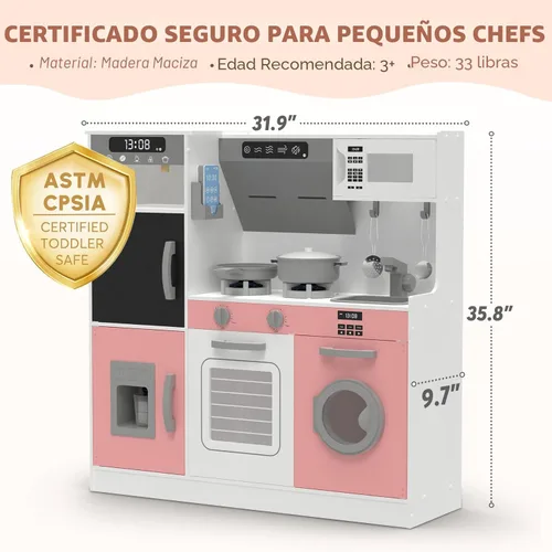 Miniatura 6 de BIERUM Cocina de Juguete con Luces y Sonidos Realistas, Juego de Cocina de Madera con 28 Piezas de Comida de Juguete y Accesorios de Utensilios