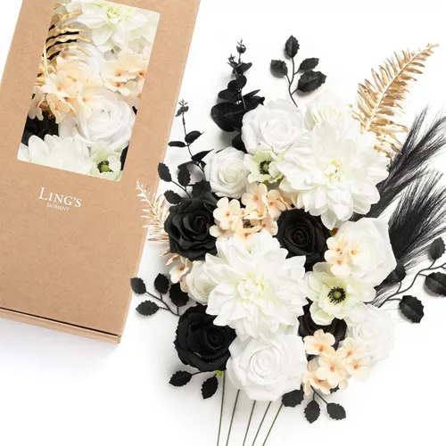 Miniatura 30 de Ling's moment Caja de Flores Falsas, Tallos de Vegetación Artificial Falsa Rosas de Espuma Dalias de Seda Hojas de Rosa Flor de Tela para Centros