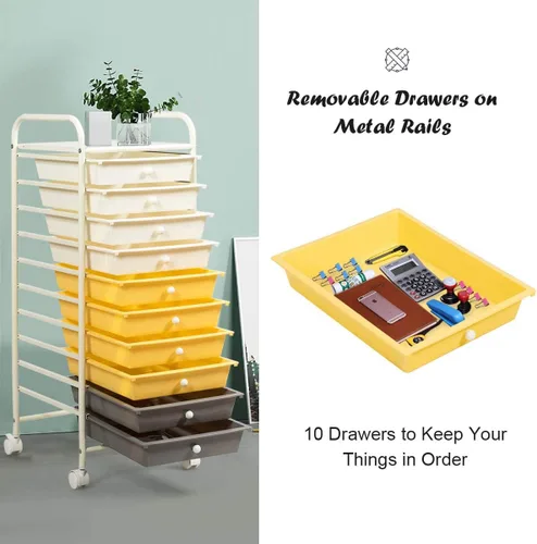 Miniatura 5 de Giantex - Carro de almacenamiento con ruedas, 10 cajones, organizador para papelería, oficina o escuela (Beige+Amarillo+Gris)