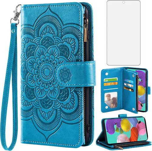 Asuwish Compatible con Samsung Galaxy A51 4G - Funda tipo cartera y protector de pantalla de vidrio templado, soporte de cuero con tapa para