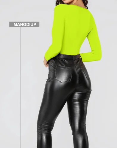 Miniatura 69 de MANGDIUP Body esencial para mujer, cuello redondo, manga larga, ajustado, elástico, de algodón y elastano