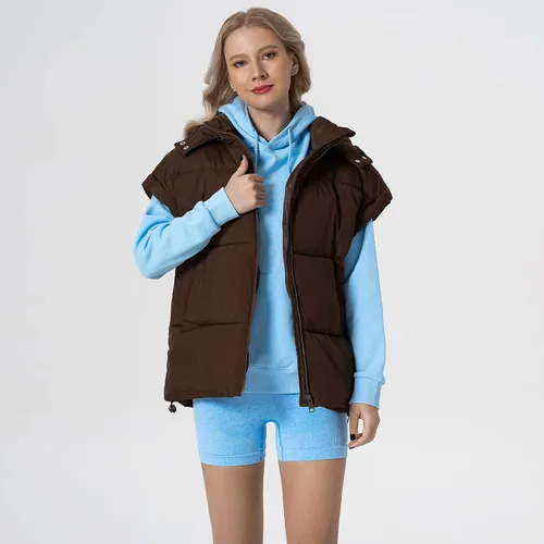 Miniatura 55 de Shiyifa Chaleco acolchado para mujer, chaqueta de gran tamaño, sin mangas, ligera, con cremallera, con capucha desmontable