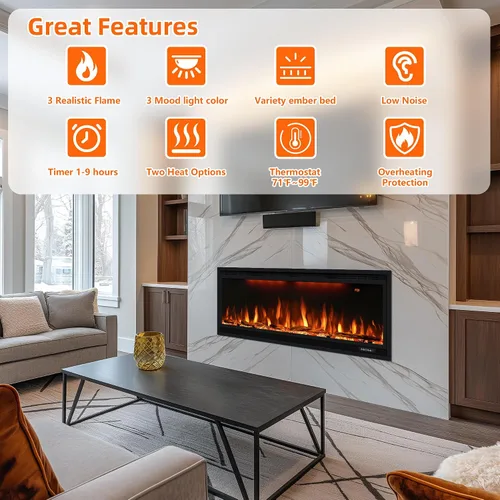 Miniatura 4 de Chimenea eléctrica inteligente de 42 pulgadas con control por aplicación, montaje en pared e insertos de chimenea empotrados en la pared, llama