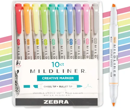 Zebra Mildliner Resaltador de doble extremo, colores de tinta surtidos, puntas de cincel intenso o bala fina, colores de tambor surtidos, Juego de
