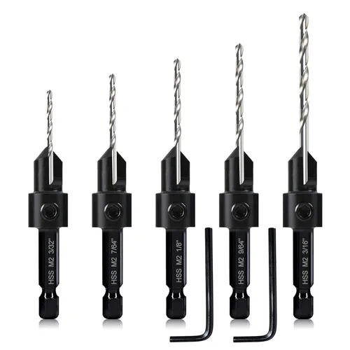 Miniatura 7 de Juego de brocas avellanadas de 5 piezas, brocas de perforación avellanada 3 en 1 para carpintería para tornillos #6 8 10 12 16, brocas piloto M2
