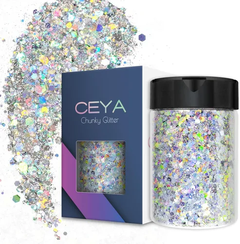Ceya Purpurina gruesa holográfica, 4.9 onzas/4.94 oz de diamante plateado con purpurina en polvo mezclado con copos finos iridiscentes para arte de