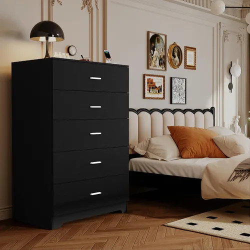 Miniatura 8 de GEPELCN Cómoda para dormitorio con tomas de corriente, cómoda de madera con 5 cajones con gran espacio de almacenamiento, cómoda negra con riel