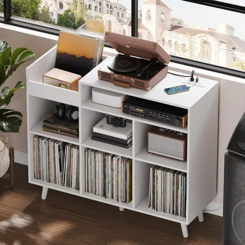 Miniatura 5 de Cozy Castle Soporte grande para tocadiscos con armario de almacenamiento de vinilo, mesa giratoria de madera, soporte abierto para hasta 500 Negro