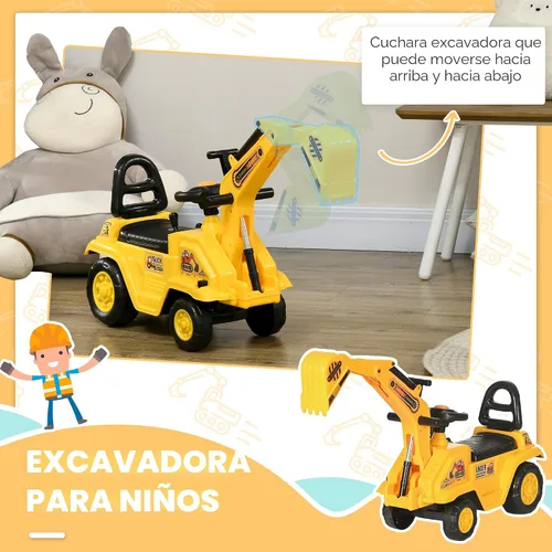 Miniatura 3 de HOMCOM Excavadora para montar, Bulldozer para niños Carro de arrastre con bocina, Almacenamiento bajo el asiento, Juguete carro de construcción