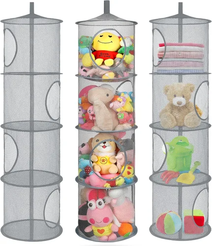 Miniatura 27 de Almacenamiento Colgante para Juguetes de Peluche, Organizador de Almacenamiento de Peluches Plegable para Rincón con 4 Compartimentos, Organizador