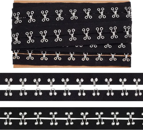 NBEADS Cinta de gancho y ojo, cinta de algodón negro de 1 pulgada de ancho, borde de metal plateado para corsé, sujetador, costura, acolchado,