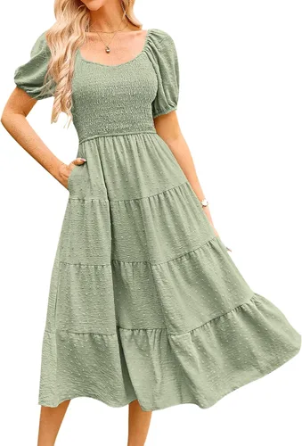 PRETTYGARDEN Vestidos de primavera 2024 para mujer, manga abombada, cuello en V, punto suizo, cintura alta, vestido de gasa con escalones, vestidos