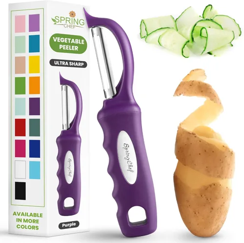 Miniatura 22 de Spring Chef Pelador de verduras giratorio profesional rojo para cocina, peladores de papas de acero inoxidable con mango de agarre suave, perfecto