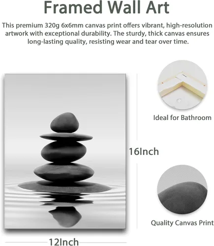 Miniatura 2 de HesenDot Arte de pared con piedras zen en blanco y negro, impresión en lienzo de rocas equilibradas de 12 x 16 pulgadas, póster estético relajante