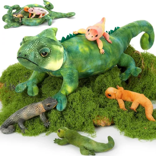MorisMos - Animales de peluche de lagarto, mamá camaleón gigante de 27 pulgadas con 4 lagartos bebés, juguetes para niños y niñas, mamá iguana