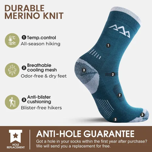 Miniatura 8 de innotree 3 Pack Men's Merino Wool Hiking Socks, Micro Crew Cushioned Hiking Walking Thermal Moisture Wicking Trekking Socks
