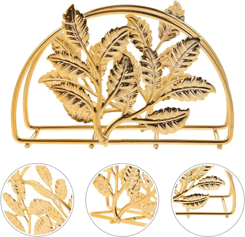 Miniatura 7 de Golden Iron Napkin Holder with Leaf Design, Large Metal Paper Napkin Stand for Kitchen and Restaurant Table, Rustic Style Bathroom and Dining