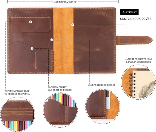 Miniatura 4 de Robrasim - Funda de cuero para cuaderno de bocetos hecha a mano, funda de cuero para cuaderno de bocetos de artista para cuaderno de bocetos de 14 x