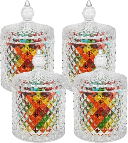Hedume Paquete de 4 tarros facetados de diamantes de cristal con tapa de cristal, juego de organización de almacenamiento de alimentos de vidrio