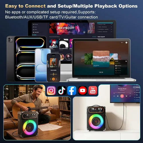 Miniatura 6 de HWWR Máquina de karaoke con 2 micrófonos, altavoz de karaoke portátil Bluetooth 5.3 para eventos al aire libre, reuniones y fiestas, sistema PA