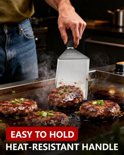 Miniatura 2 de HULISEN Espátula grande de acero inoxidable para parrilla, espátula de metal resistente de 6 x 5 pulgadas con bordes de corte, accesorios