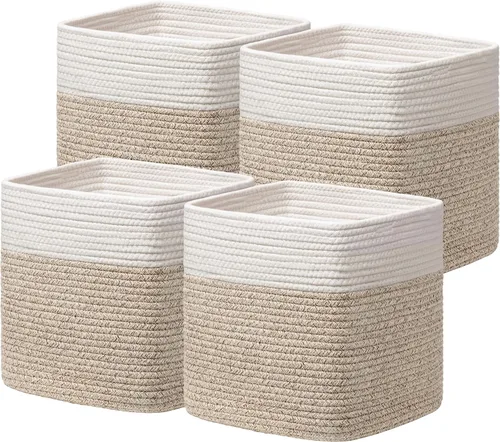 Miniatura 12 de joybest Juego de 4 cubos de almacenamiento de 11 pulgadas, canasta organizadora tejida de cuerda de algodón para estantes, cubos cuadrados, Beige