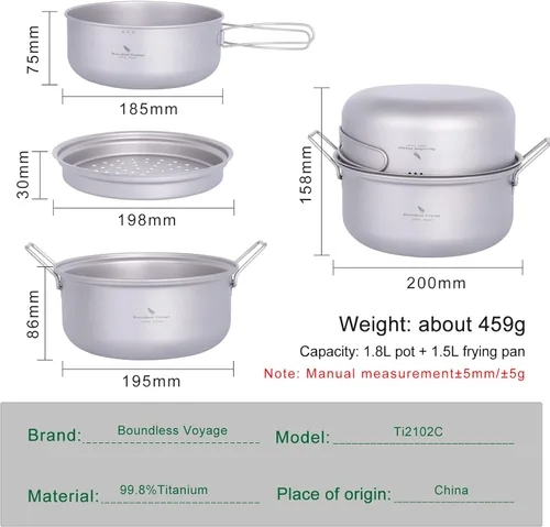 Miniatura 3 de iBasingo Juego de olla de vapor de titanio de 1.8 L y sartén para freír olla ultraligera portátil para acampar al aire libre mochilero cocina hogar