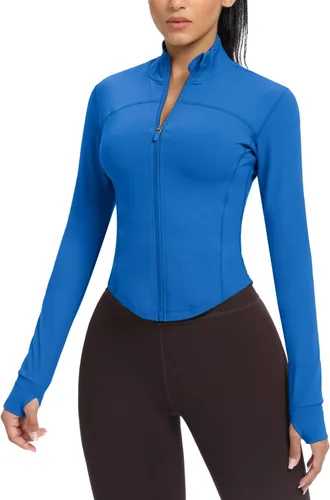 Miniatura 65 de AVGO Chaquetas de entrenamiento recortadas para mujer, con cremallera, ajustadas, atléticas, con agujeros para el pulgar