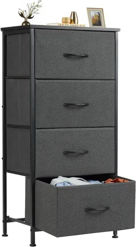Miniatura 14 de Sweetcrispy Cómoda alta de tela para dormitorio, cómoda delgada de 6 cajones, torre de almacenamiento estrecha con parte superior de madera y marco