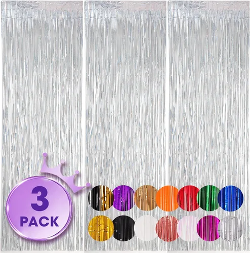 Miniatura 16 de Voircoloria - Cortinas de fondo de flecos de papel de aluminio para fiestas, 3 piezas, 39.6 x 98.4 pulgadas, azul retro 48 Retro Azul
