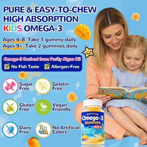 Miniatura 6 de Gomitas veganas con Omega 3 para niños de 4 años: Suplemento natural de ácidos grasos omega-3 DHA EPA con vitamina D3 B12 probiótico luteína zinc