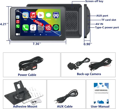 Miniatura 7 de Carplay - Pantalla para coche con Apple CarPlay/Android Auto, estéreo inalámbrico de 7 pulgadas, pantalla táctil portátil para auto con Bluetooth