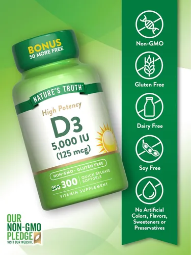 Miniatura 3 de Nature's Truth Vitamina D3 5000 UI (125 mcg) 300 cápsulas blandas Vitamina D de alta potencia Suplemento sin OMG y sin gluten