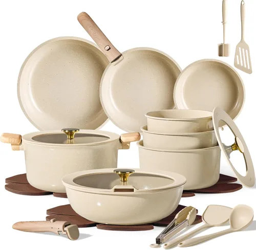 CAROTE Juego de 25 piezas de utensilios de cocina de cerámica, juego de ollas y sartenes antiadherentes, juego de cocina para RV con asas