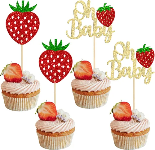 Ephlyn Paquete de 24 adornos dorados para cupcakes Sweet Oh Baby de fresa, para baby shower, cumpleaños, cumpleaños, cupcakes, suministros de fiesta