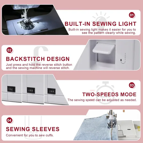Miniatura 3 de Mini máquina de coser eléctrica para principiantes, máquina de coser portátil para niños y adultos, luces integradas, 12 puntadas y costura inversa