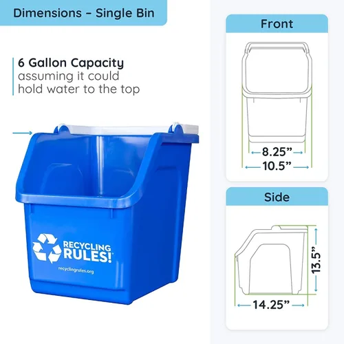 Miniatura 2 de ¡Reglas de reciclaje! Contenedor de papelera de reciclaje apilable de 6 galones en azul, reciclador práctico libre de BPA ecológico con asa